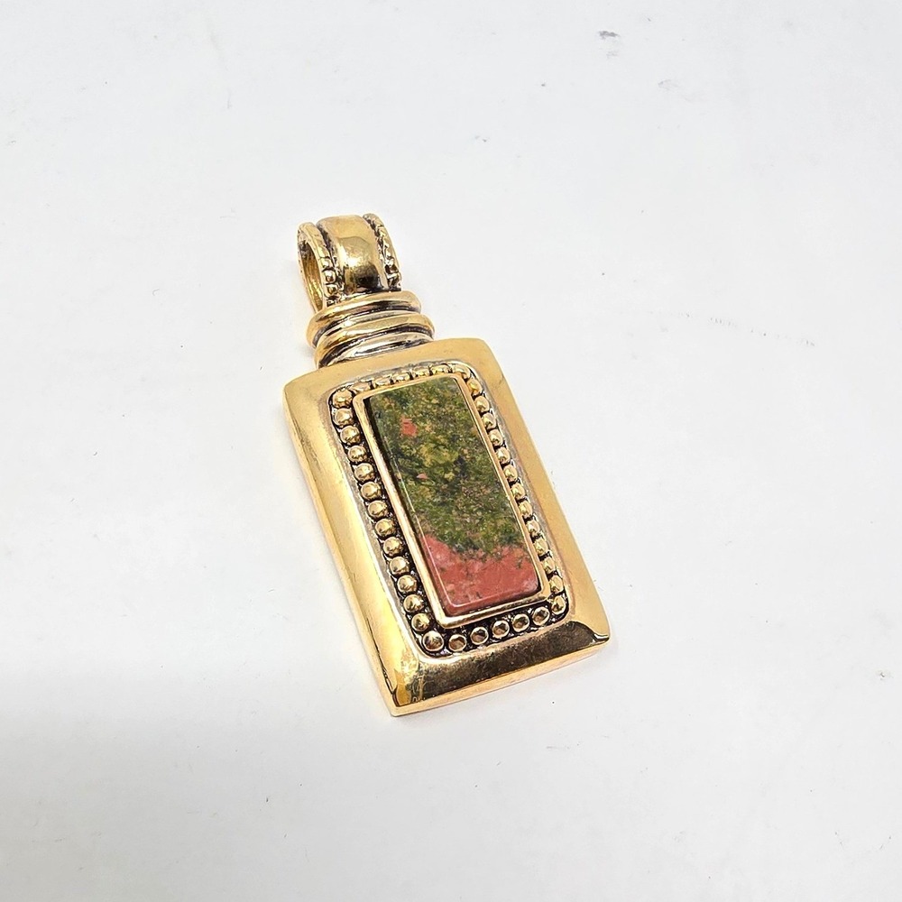 Vtg Roman signed Unakite pendant gold tone semi precious stone boho chic earthy - Picture 2 of 6